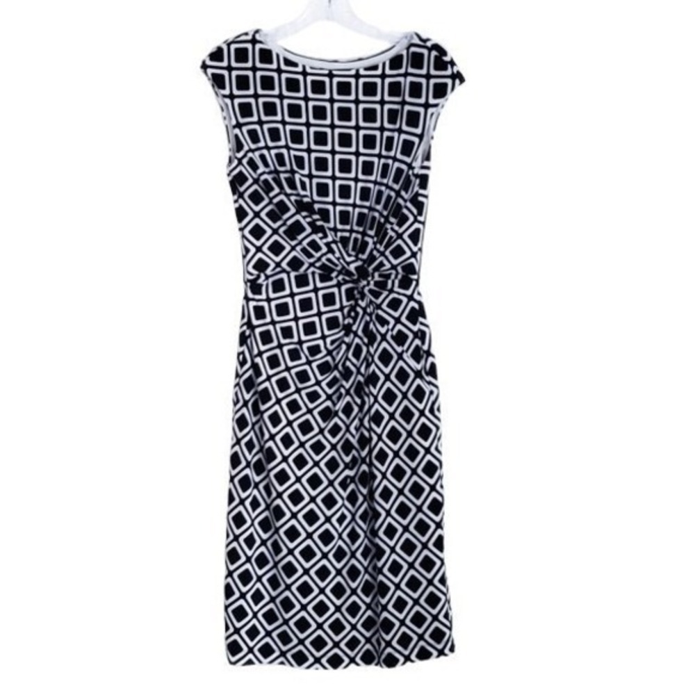 Ralph Lauren Navy Blue & White Squares Ruched Sleeveless Midi Dress- Size 4